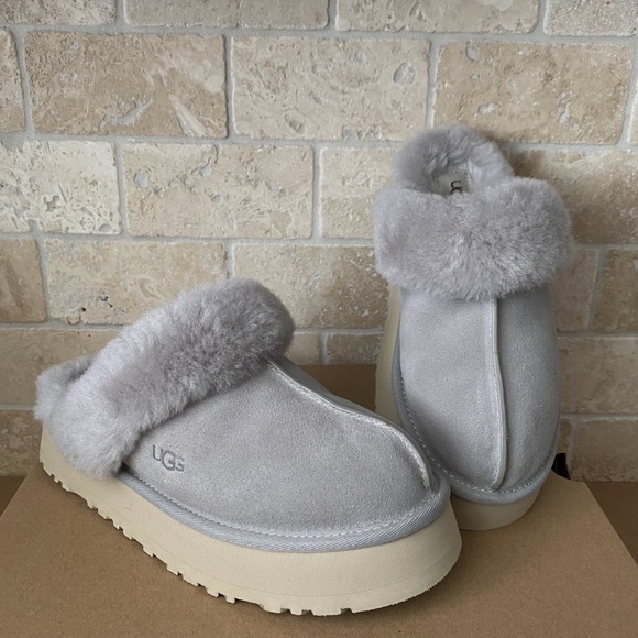 UGG Disquette Campfire Grey Women’s Platform Shearling Slippers Neutral Slip On - Picture 3 of 10